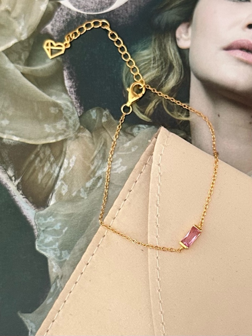 Caitlyn Minimalist October Pink Tourmaline Baguette Birthstone Bracelet Gold